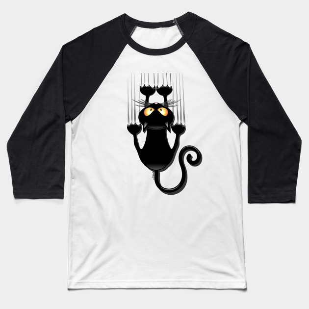 Black Cat Cartoon Scratching Wall Baseball T-Shirt by BluedarkArt